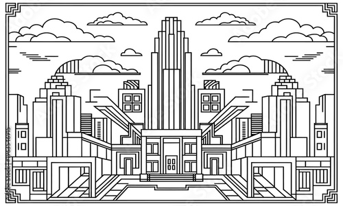 Contemporary global financial district skyline in minimal line art for corporate branding, real estate marketing, and urban architectural editorial use