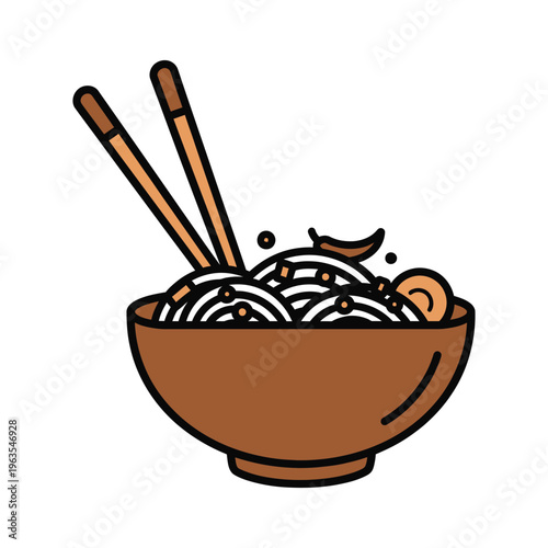 Ramen bowl with chopsticks and chili pepper flat vector illustration of asian noodle soup