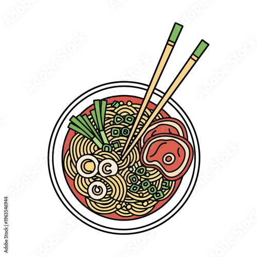 Ramen bowl illustration with noodles, chopsticks, and toppings in a cartoon style