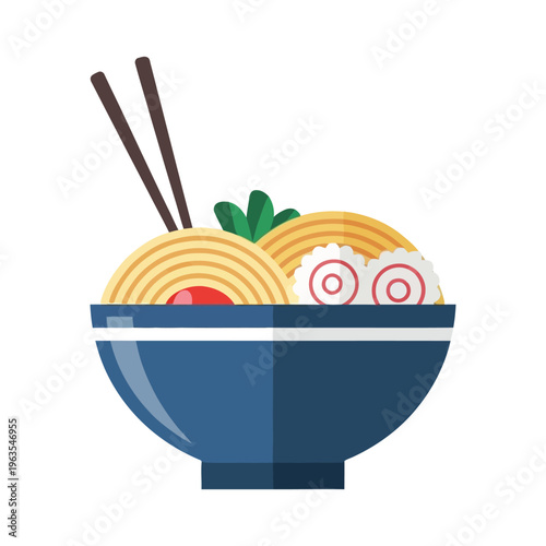 Ramen bowl with chopsticks and noodles flat vector illustration of Japanese cuisine isolated on white