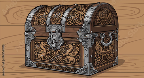 Ornate wooden chest with intricate carvings and metal accents rests on a wooden surface