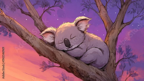 Sleeping Koala on Tree Branch at Twilight