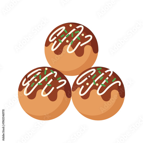 Takoyaki Japanese street food octopus balls with sauce and mayonnaise flat vector illustration