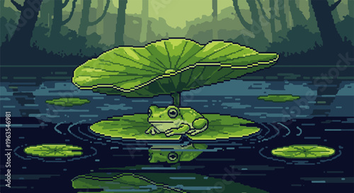 Pixel art frog sits on lily pad under larger leaf in dark forest pond