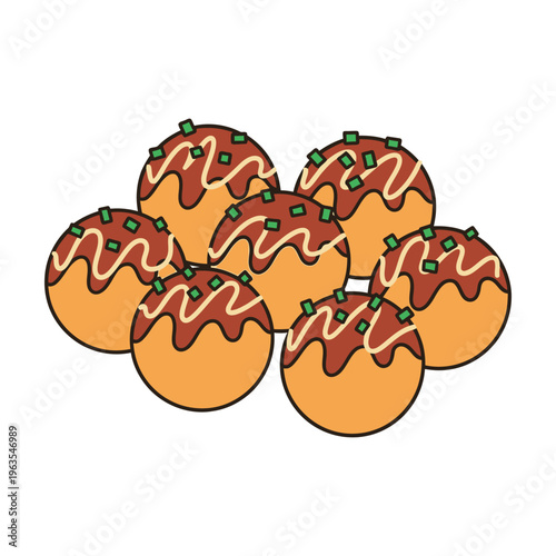 Takoyaki Japanese octopus balls vector illustration with sauce and green onions
