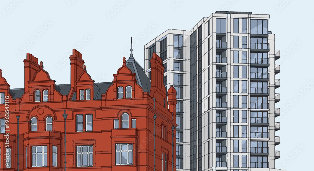 Obraz premium Old red building with ornate details stands next to a modern white high-rise