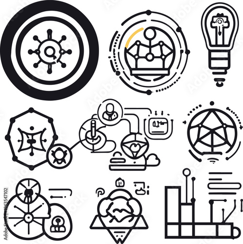 Black bold outline with white background, digital transformation icons, 9 icons, mixed line and filled styles, modern clean vector 3