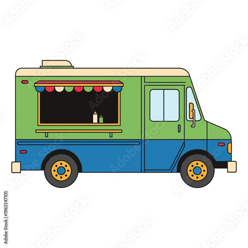 Food truck illustration with green and blue body and colorful awning isolated on white background