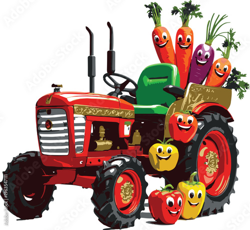 Tractor carrying vegetables with happy faces 2