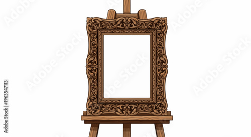 Ornate wooden picture frame on a wooden easel with a white blank canvas
