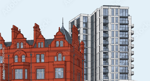 Old red building with ornate details stands next to a modern white high-rise