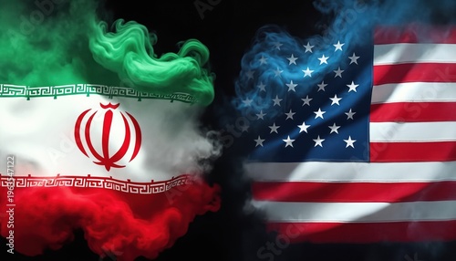 Iranian and American flags interact with colored smoke. Symbolizing international relations tension and political conflict. Diplomatic crisis between two countries.