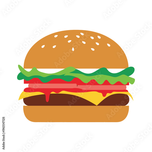 Hamburger illustration with lettuce, tomato, cheese, and sesame bun isolated on white background flat vector design