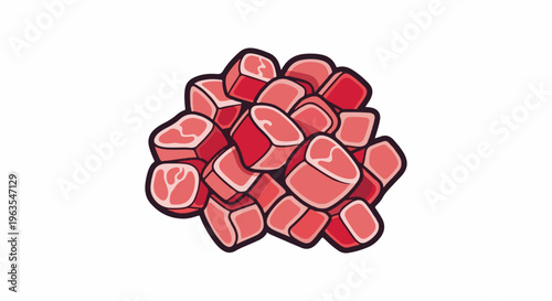 Pile of diced raw red meat cubes with dark outlines on a white background