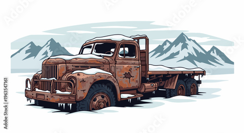 Old rusty truck abandoned in a snowy mountain landscape