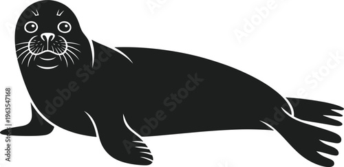 Cute seal silhouette vector, black animal icon isolated on white background for marine design