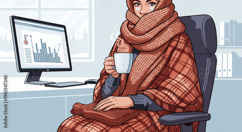 Person in cozy blanket and scarf sips hot drink at desk, computer shows charts