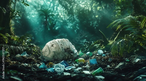 Pollution and discarded waste marring a lush forest habitat with a stark environmental message.