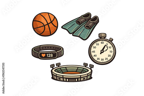 Sports equipment and tools used for different athletic activities at a stadium during training sessions