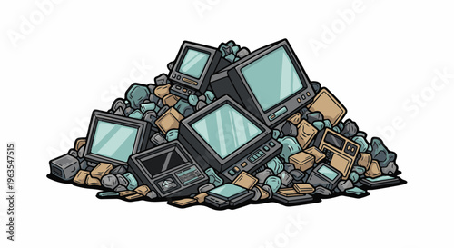 Pile of discarded electronic devices and debris
