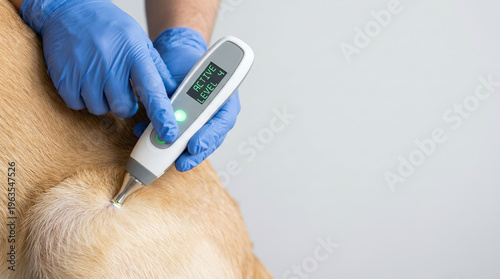 Veterinary diagnostic device used by professional wearing blue gloves to examine dog skin closely with handheld tool showing active level on screen in clinical setting