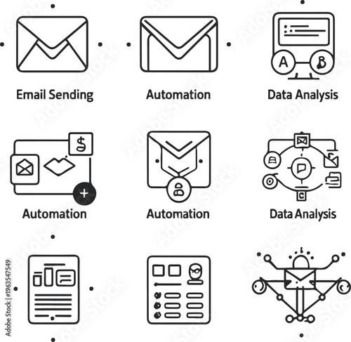  email automation icons, 9 icons, marketing styles mix, clean outline vector 2