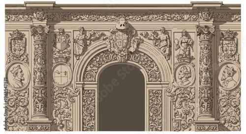 Ornate baroque archway with elaborate carvings and portraits