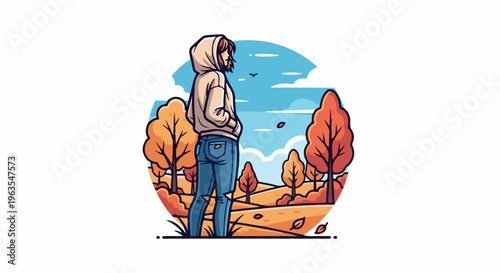 Person in hoodie and jeans looks at autumn landscape with colorful trees