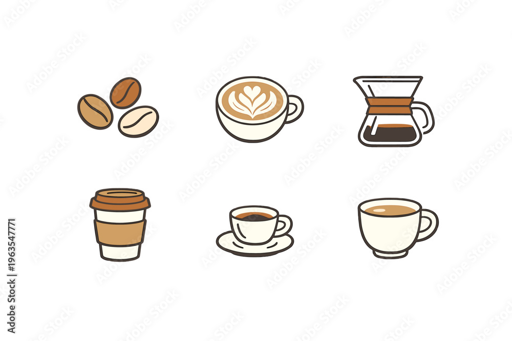 Fototapeta premium Different types of coffee served in various cups and containers presented together on a simple background for coffee lovers and enthusiasts