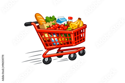 Grocery shopping cart with food items moving quickly across a white background in a simple design
