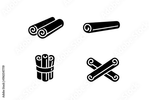 Different arrangements of cinnamon sticks displayed on a plain background showing various forms of the spice