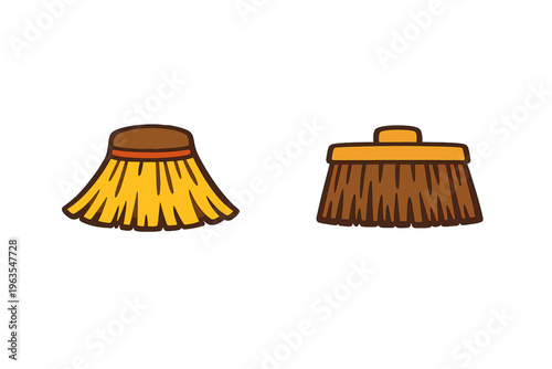 Brooms made of straw and bristles located on a simple background for cleaning tasks and chores at home