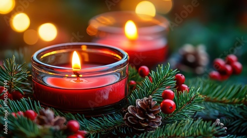 Festive red Christmas candles glow with pine needles and berries, creating a cozy and warm holiday ambiance