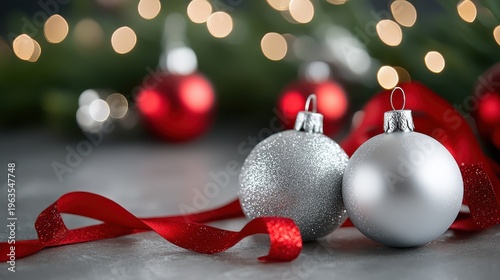 Festive Christmas Ornaments with Silver Glitter and Red Ribbons Creating a Holiday Sparkle with Soft Bokeh Lighting