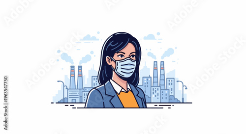 Person in mask amidst industrial cityscape with smokestacks emitting pollution
