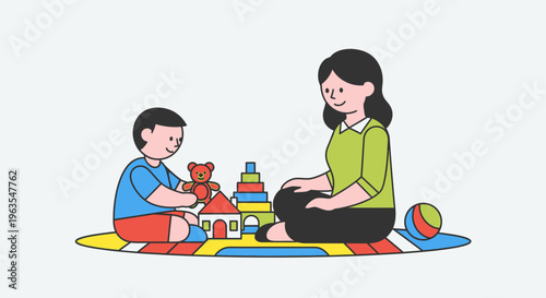 Mother and son playing with toys.
