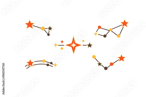 Stars and constellations appear in a simple design showing different shapes and colors in a clear space during a night sky scene