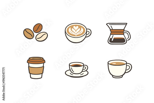 Different types of coffee served in various cups and containers presented together on a simple background for coffee lovers and enthusiasts