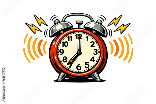 Alarm clock rings loudly in a room to wake up a person in the morning