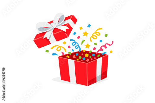 Gift box opens to reveal colorful confetti and celebration elements during a festive occasion