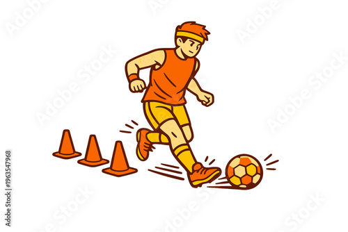 Young player practices soccer skills with cones on a field during daytime