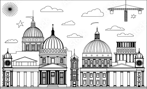 Classical domed civic buildings with construction crane illustration for architectural heritage, urban development, and historical cityscape editorial use