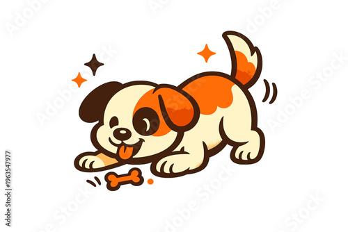 Cute dog playing with a bone in a colorful, cartoon style on a white background