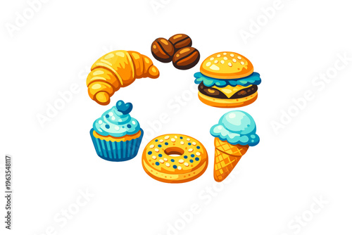 Baked goods and desserts arranged in a circle with bright colors on a white background
