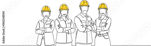 Continuous line drawing of diverse engineers and construction workers wearing hard hats, standing confidently.