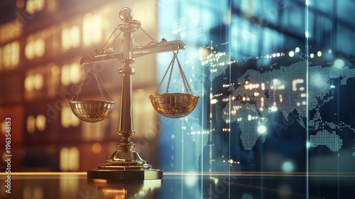 Golden Scales of Justice symbolizing international trade law and global agreements in a modern office setting with digital world map overlay