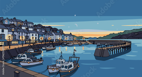 Pixel art harbor with boats docked at dusk, buildings lit