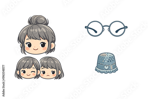 Cute cartoon characters with different expressions and accessories arranged on a light background for creative use