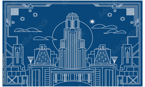 Art deco city skyline illustration in framed line art style for vintage poster design, retro architectural branding, and urban themed print projects