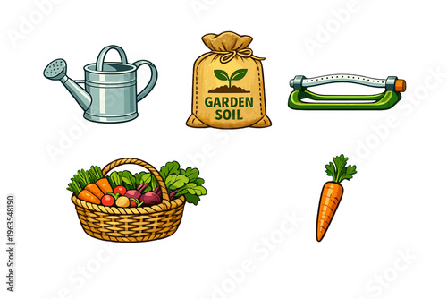 Tools and materials for gardening including watering can, soil bag, sprinkler, vegetable basket, and carrot